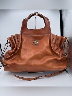 Pratesi Firenze Italian Leather Satchel Bag Tan Cognac Drawstring Sides